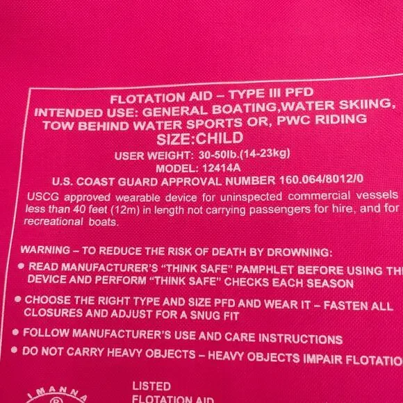 Oceans 7 Life Vest Jacket Pink USCG Child Youth 30-50lbs - Picture 5 of 6